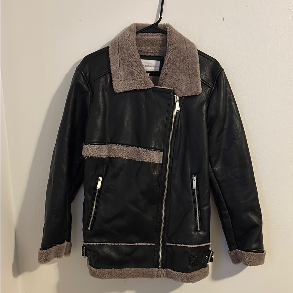 Black Faux Leather Jacket with Gray Trim